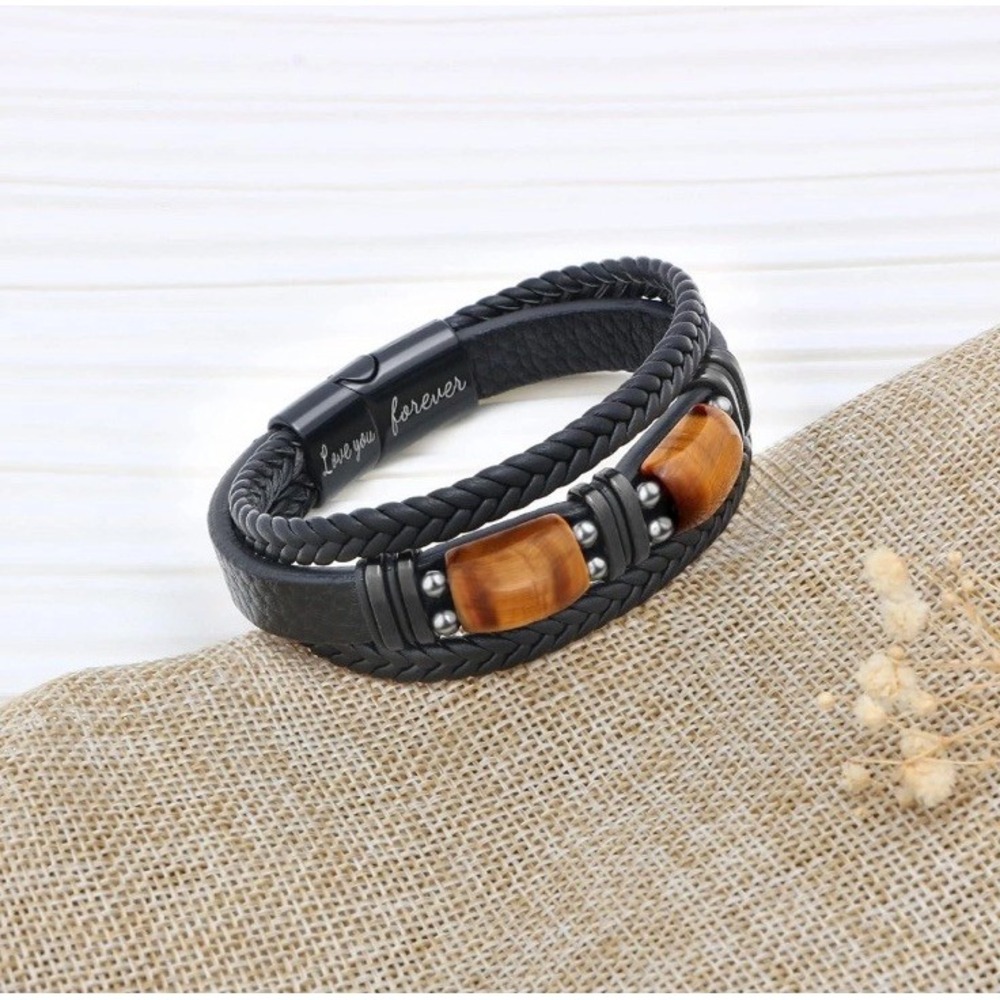 Joycuff Leather Bracelet‎ W/Tigers Eye Birthday Gift Love You Forever Bracelet